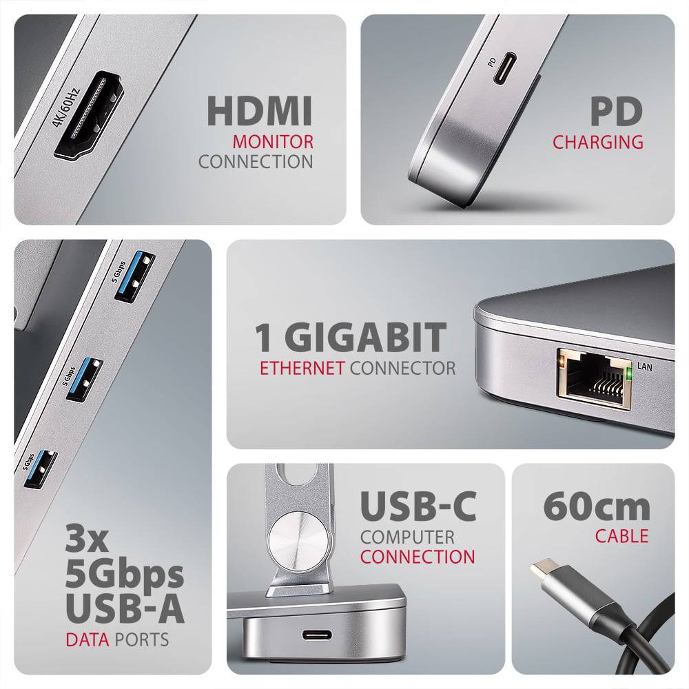 Фото Підставка для ноутбука AXAGON HMC-STND USB-C ALUMINUM STAND & HUB 7 in 1