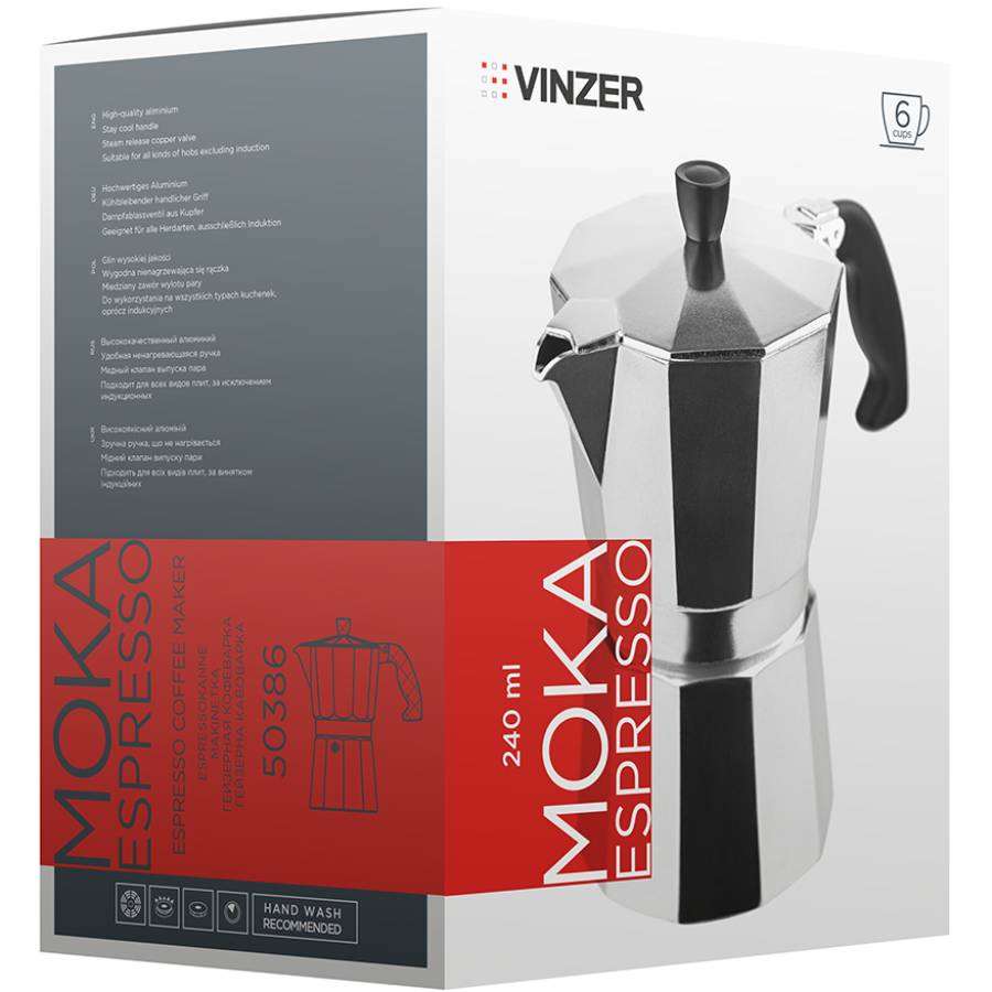 Гейзерная кофеварка VINZER Moka Espresso 240 мл (50386) Материал ручки бакелит