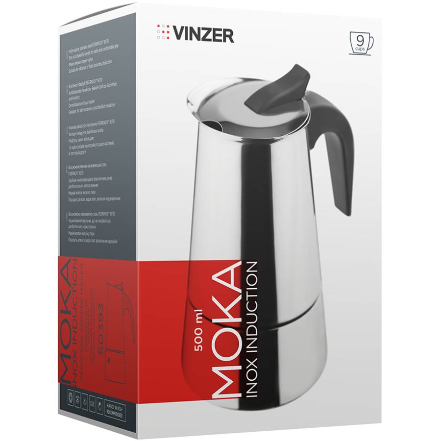 Гейзерная кофеварка VINZER Moka Inox Indaction 500 мл (50393) Материал ручки бакелит