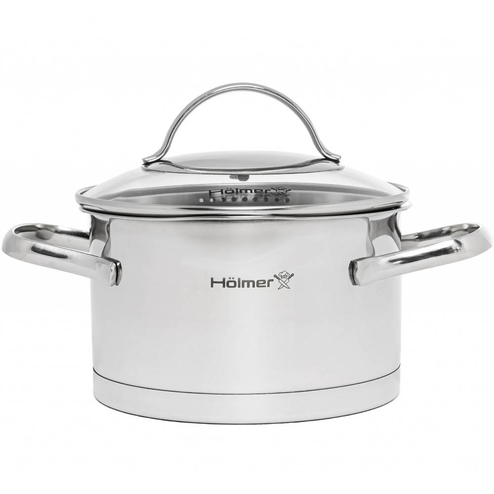 Каструля HOLMER Aurora 3,7 л (CR-17537-SSD) Додатково Кришка зі спеціальним обідком для зручного зливу рідини (2 діаметри отворів – 0,3 см та 0,6 см); 7-ми кульове енергозберігаюче капсульне дно;