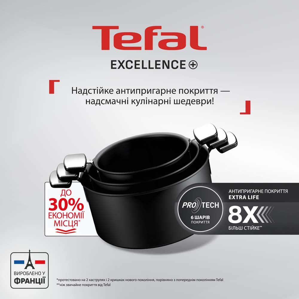 Каструля TEFAL Excellence+ 2.7 л Black (G3284443) Додатково використання в духовці:до 175 °C, діаметр дна: 200мм, внутрішнє покриття: Extra Life X8