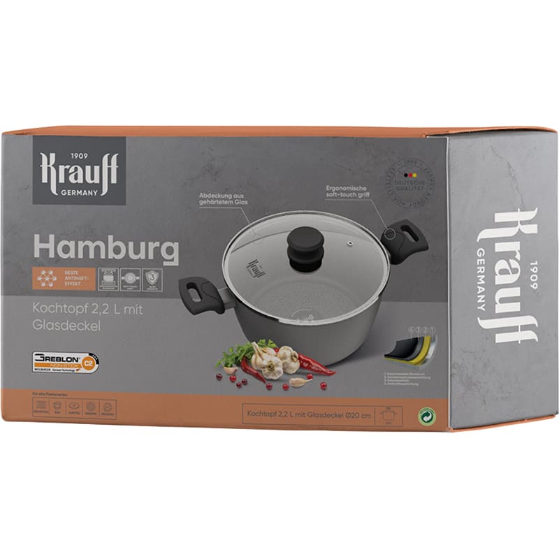 Кастрюля KRAUFF Hamburg 2.2 л Black (25-45-253) Дополнительно Антипригарное покрытие Greblon C2; Равномерное распределение тепла по всей поверхности