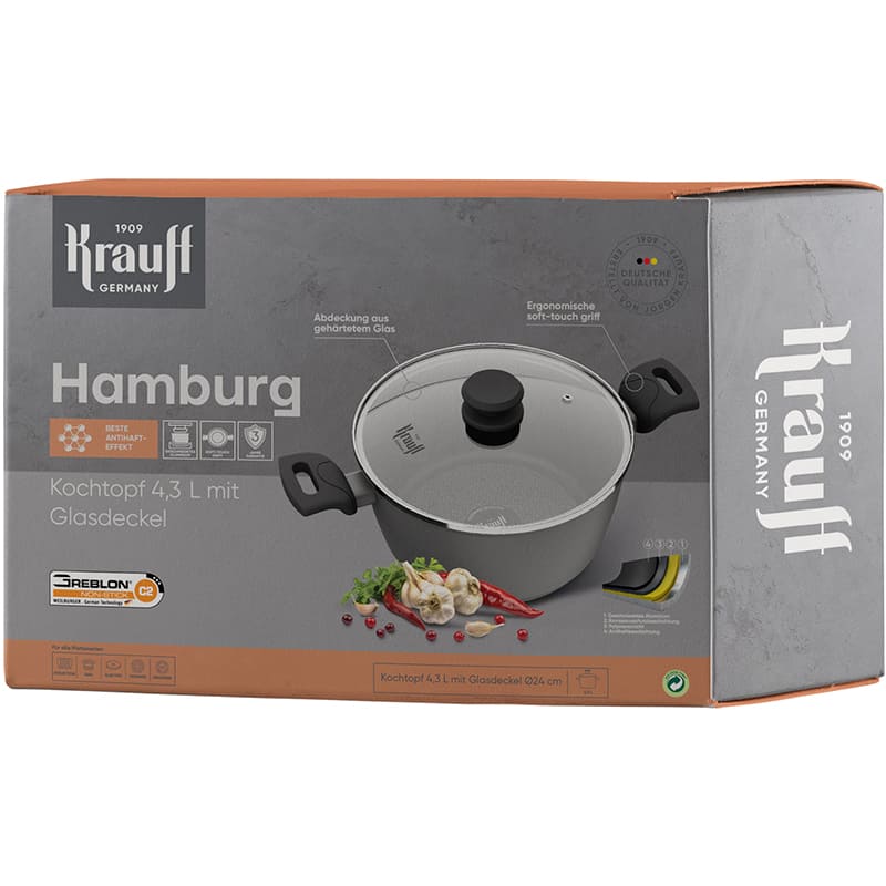 Кастрюля KRAUFF Hamburg 4.3 л Black (25-45-254) Дополнительно Антипригарное покрытие Greblon C2; Равномерное распределение тепла по всей поверхности