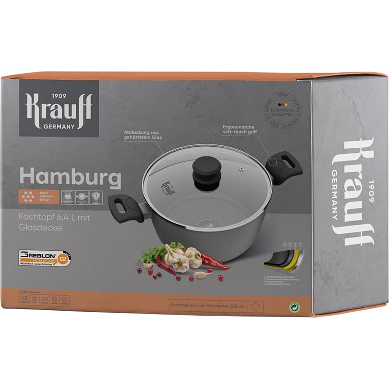 Кастрюля KRAUFF Hamburg 6.4 л Black (25-45-255) Дополнительно Антипригарное покрытие Greblon C2; Равномерное распределение тепла по всей поверхности