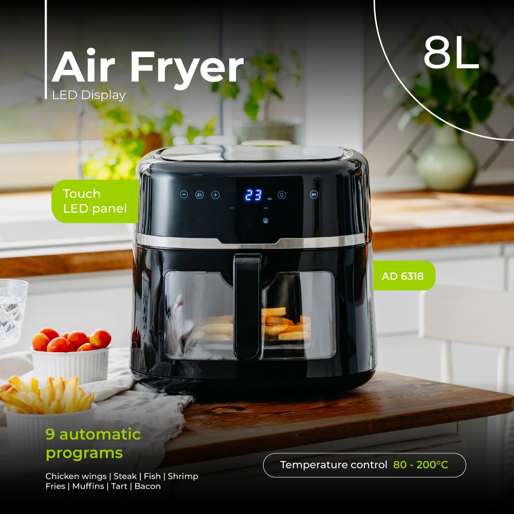 Фото 15 Airfryer ADLER AD 6318 2500Вт/чаша 8л/програм:9/сенсорне керування/таймер/чорна