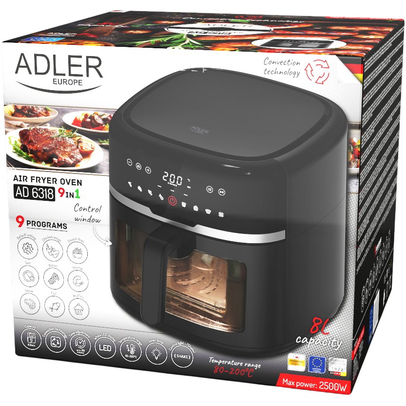 Фото 25 Airfryer ADLER AD 6318 2500Вт/чаша 8л/програм:9/сенсорне керування/таймер/чорна