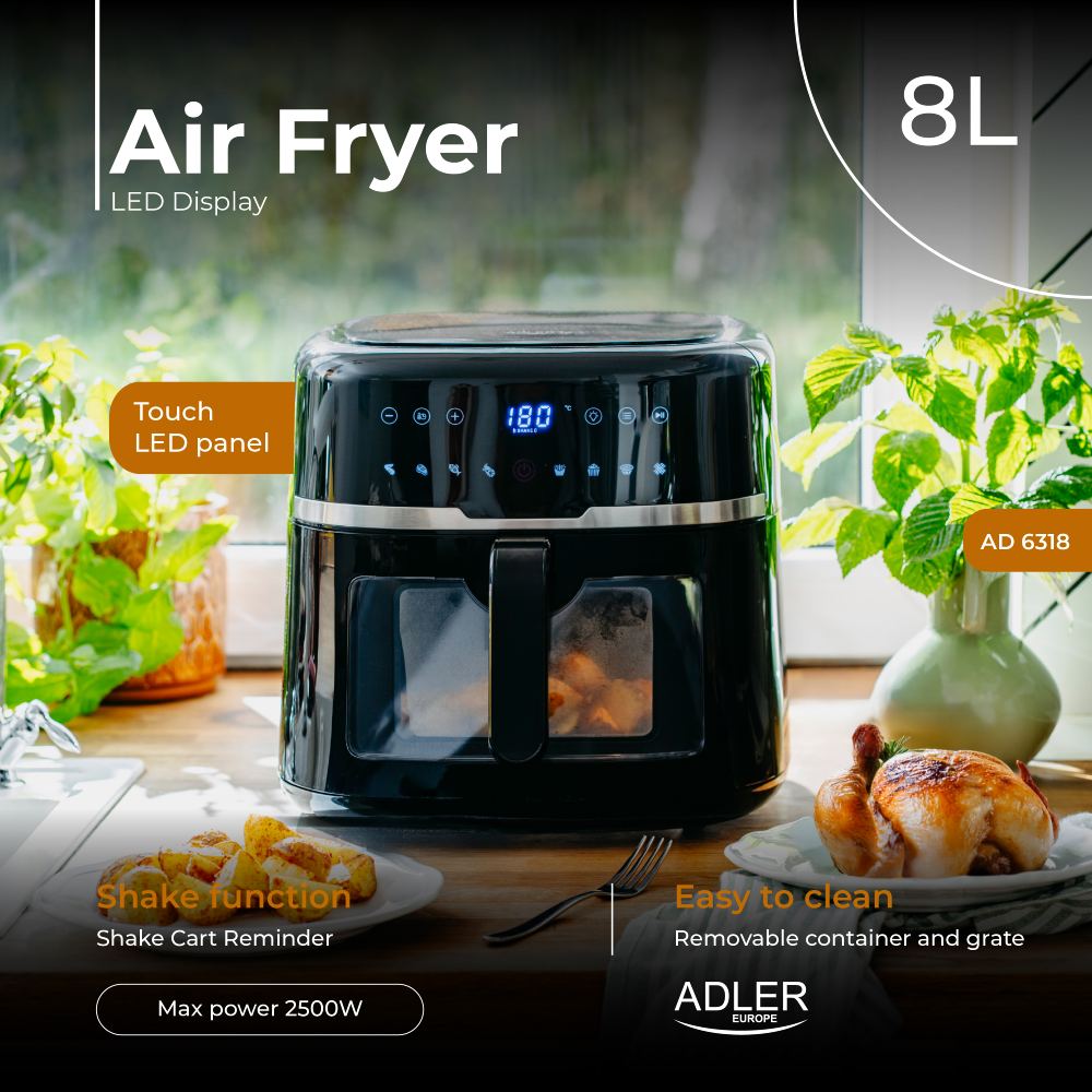 Фото 16 Airfryer ADLER AD 6318 2500Вт/чаша 8л/програм:9/сенсорне керування/таймер/чорна