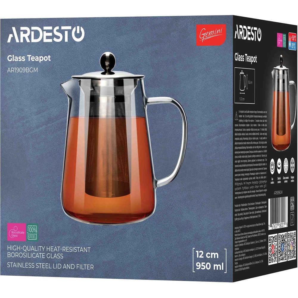 Заварник ARDESTO Gemini Milano 950 мл (AR1909BGM) Додатково термостійкість: −20…+150 °C; можна використовувати на помірному вогні; можна мити в посудомийній машині