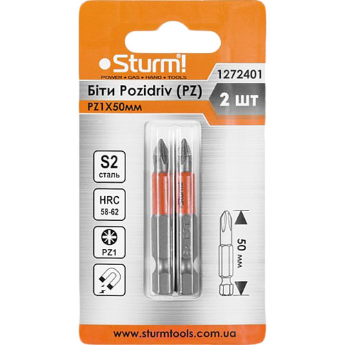 

Набор бит STURM S2 PZ1x50 мм 2 шт (1272401), 1272401 Біти S2 PZ1x50 mm, 2шт