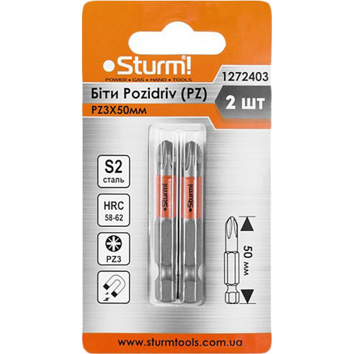 

Набор бит STURM S2 PZ3x50 мм 2 шт (1272403), 1272403 Біти S2 PZ3x50 mm, 2шт