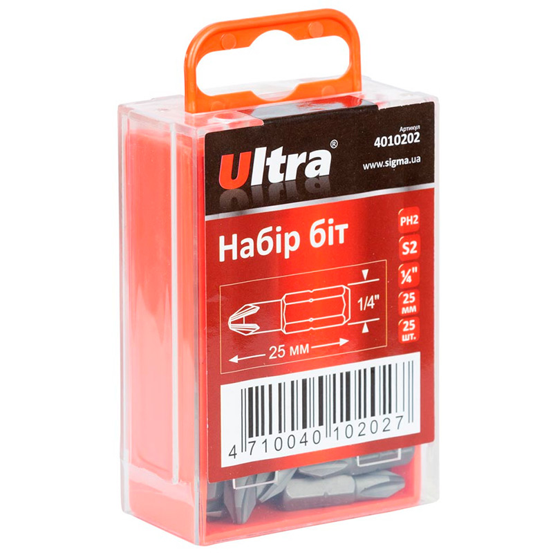 

Биты ULTRA Ph2x25мм 1/4" 25шт S2 (4010202), набір біт Ph2x25мм 1/4" 25шт S2 (пласт кейс)