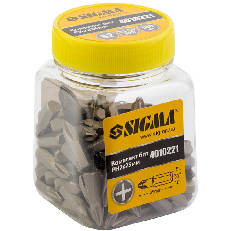 

Биты SIGMA Ph2x25мм 1/4" 100шт S2 (4010221), набір біт Ph2x25мм 1/4" 100шт S2 (банка)
