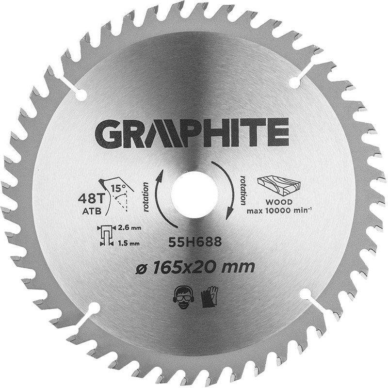 

Пильный диск GRAPHITE 165 x 20 мм (55H688), Диск пильний 165x20 мм, 48 зубів