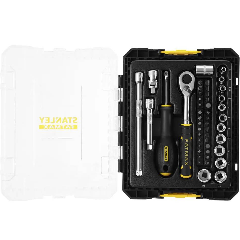 Набор головок торцевых STANLEY FATMAX Maxi Drive 1/4" 48пр. (FMMT98101-0) Комплектация ✔Рукоятка 1/4″ с храповым механизмом на 120 зубьев из биматериала ✔ Головки стандартные 1/4″ (шестигранные): 4 - 5 - 5,5 - 6 - 7 - 8 - 9 - 10 - 11 - 12 - 13 - 14 мм ✔ Универсальный шарнир типа ″Карадан″ 1/4″ ✔ Удлинители 1/4″: 75 мм, 150 мм