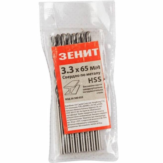 Сверло ЗЕНІТ ПРОФІ HSS 3.3х65 мм 10 шт (30300033) Сверло ЗЕНІТ ПРОФІ HSS 3.3х65 мм 10 шт (30300033)