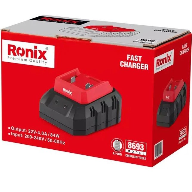 Зарядний пристрій RONIX 20В 4А (8693) Додатково Вхід: 200-240 В, 50-60 Гц; Вихід: 22, 4000 мА; Кабель 1,8 м; Корпус PC + ABS; Підходить для Li-Ion АКБ; Швидка зарядка: 2.0 А·год - 45 хв, 4.0 А·год - 1 год; Світлодіодний індикатор; Захист від перегріву, перезаряду та перевантаження