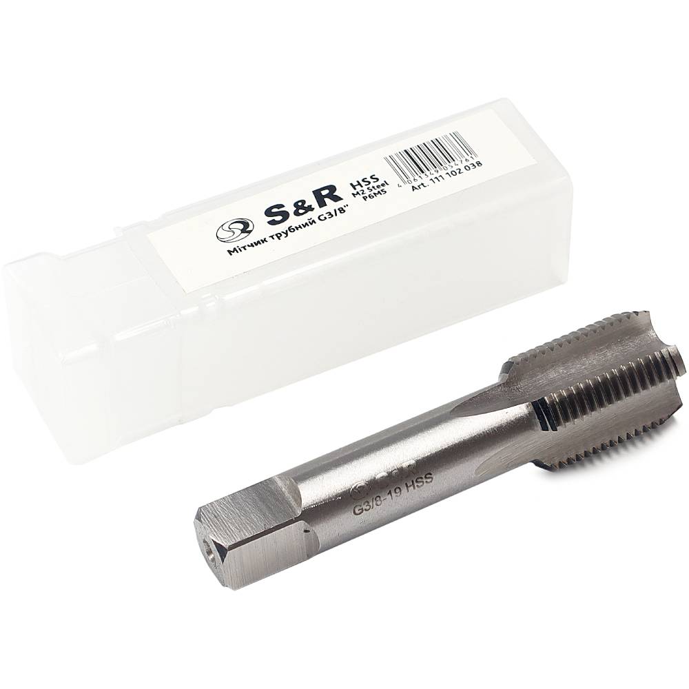 Мітчик S&R G3/8 HSS R6M5 (111102038) Додатково Крок різі: 3/8"; вид різі: внутрішня; тип різальної частини: циліндричні; спосіб застосування: ручні