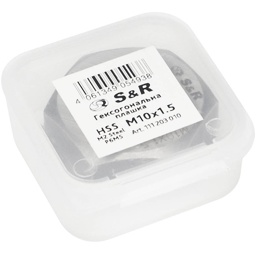 Плашка S&R М10х1, 5 мм 6g HSS R6M5 гексогональна (111203010) Додатково Крок різі: М10х1.5; вид різі: зовнішня; тип різальної частини: циліндричні; спосіб застосування: ручні