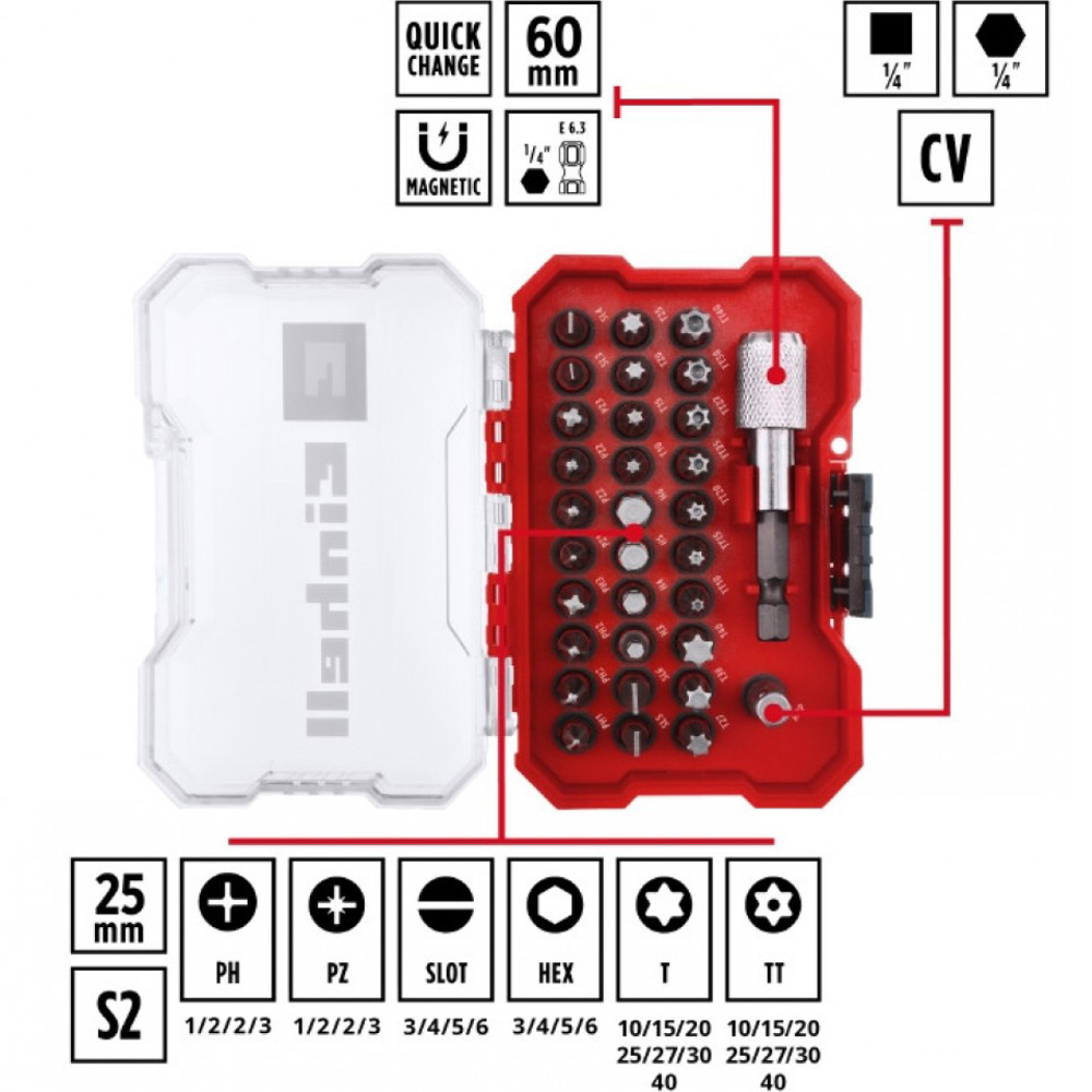Фото 4 Набор бит EINHELL 1/4" 32шт Red (118693)