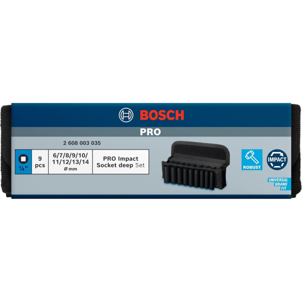 Набір ударних торцевих головок BOSCH Professional Deep 1/4" 50мм 9шт (2.608.003.035) Розміри 6 мм, 7 мм, 8 мм, 9 мм, 10 мм, 11 мм, 12 мм, 13 мм, 14 мм