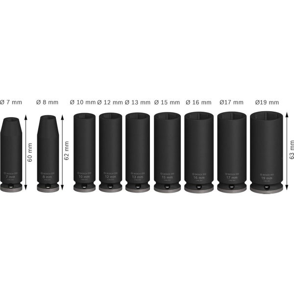 Набор ударных торцевых головок BOSCH Professional Deep 3/8" 63мм 9шт (2.608.003.037) Набор ударных торцевых головок BOSCH Professional Deep 3/8" 63мм 9шт (2.608.003.037) Размерность торцевых головок 3/8