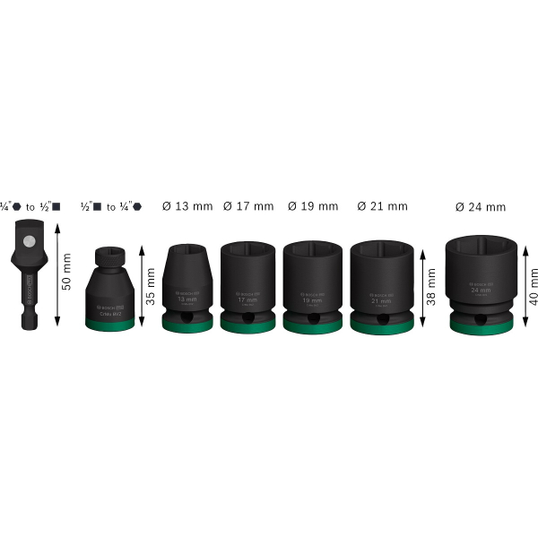 Набор ударных торцевых головок BOSCH Professional Standart 1/2" 7шт с адаптером (2.608.003.032) Количество предметов в наборе 7