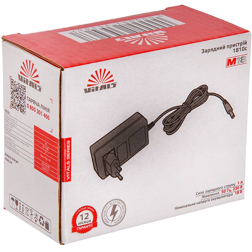 Зарядний пристрій VITALS 1810c (235306) Додатково IP22; Максимальна потужність при зарядці: 21Вт; Номінальна напруга живлення: 230В; Номінальна частота струму: 50 Гц; Робоча напруга постійного струму батареї: 18В;