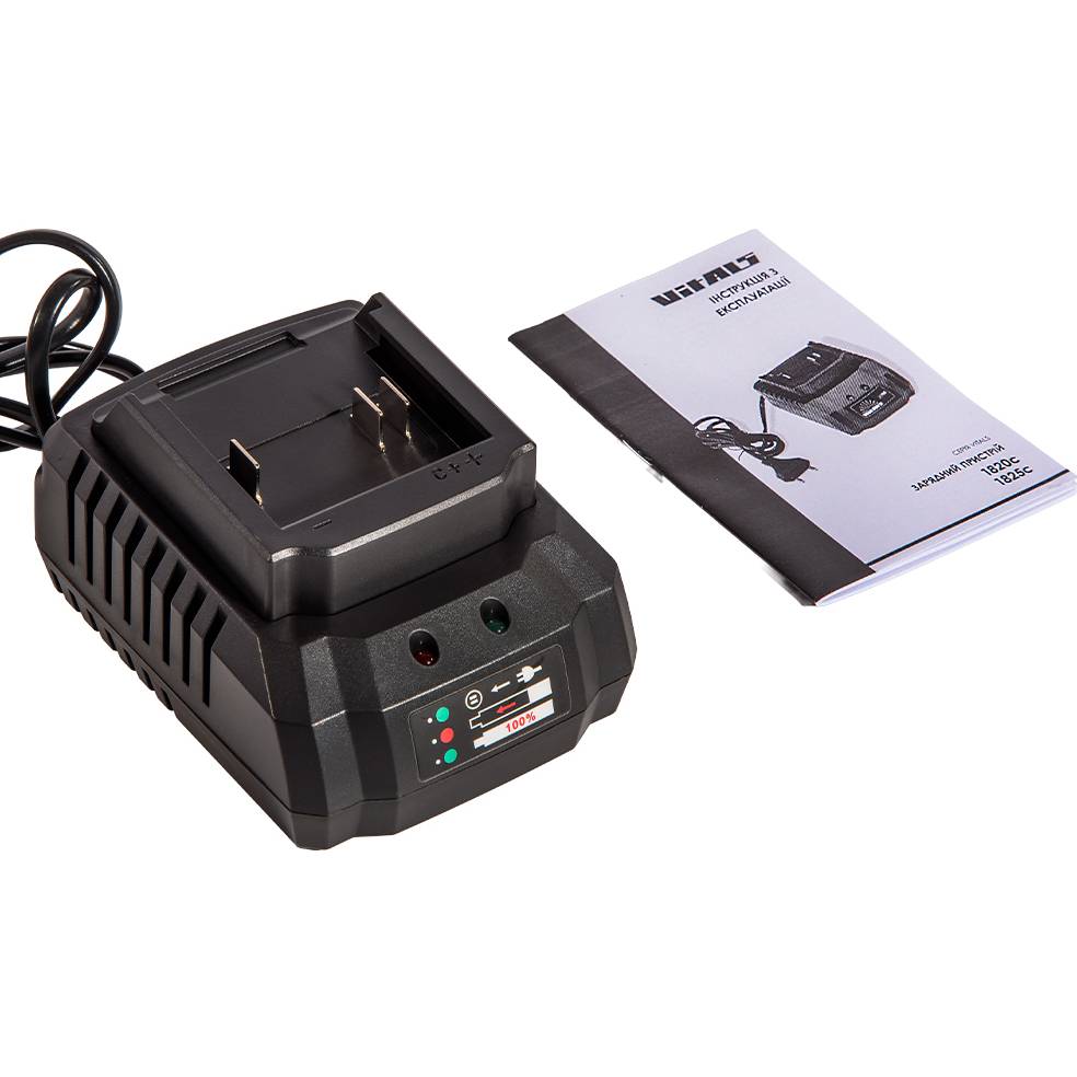 Зарядний пристрій VITALS 1820c (235307) Додатково IP20; Максимальна потужність при зарядці: 42Вт; Номінальна напруга живлення: 230В; Номінальна частота струму: 50Гц; Робоча напруга постійного струму батареї: 18В;