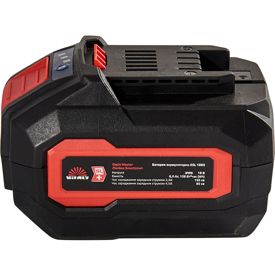 Акумулятор VITALS Master ASL 1860 SmartLine+ (184457) Додатково Підходить для всіх інструментів SmartLine+; Номінальна напруга 18; Місткість 6 Ач; Час заряджання струмом 2,4 А: 150 хв/струмом 4,5 А: 80 хв; Тип акумулятора: Li-On
