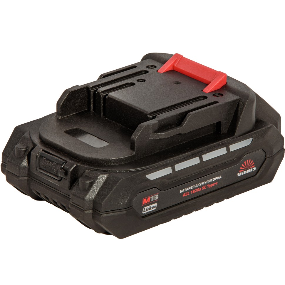 Акумуляторна батарея VITALS ASL 1820a 5С Type-C (236993) Додатково Для інструментів VITALS лінійки М18, USB-C двосторонній (заряд-розряд): 5-20 В/ до 3 A/45 Вт макс; Тип: Li-ion; Напруга: 18 В; Місткість: 2 А/год; Індикатор заряду; Коефіцієнт струмовіддачі: 5C; Захист: IP20; Кількість циклів заряд/розряд: 400