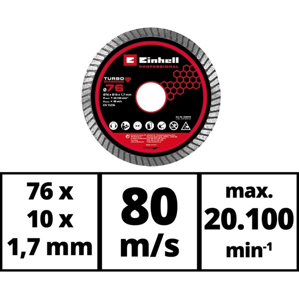 Алмазный диск EINHELL TP-CO 18/76-C Li BL 76х10 мм (4440470) Тип отрезной диск по керамике/плитке