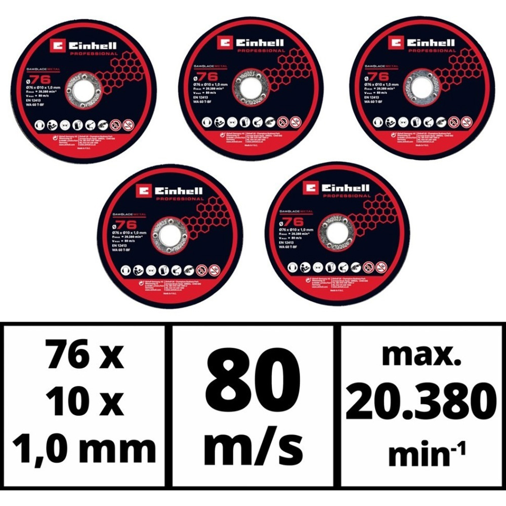 Набір відрізних дисків EINHELL TP-CO 18/76-C Li BL 76х10мм 5шт (4440471) Тип відрізний диск по металу