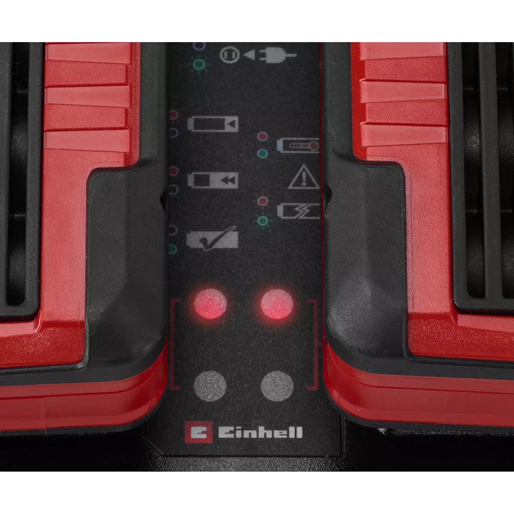 Зарядний пристрій EINHELL Power X-Twincharger 2x18В 4А (4512161) Додатково Сумісність: всі акумулятори Einhell Power X-Change 18 В, кількість акумуляторів для одночасної зарядки: 2 шт, індикатор стану: 6 LED, функції безпеки: інтелектуальне керування зарядкою, контроль температури, режим Refresh