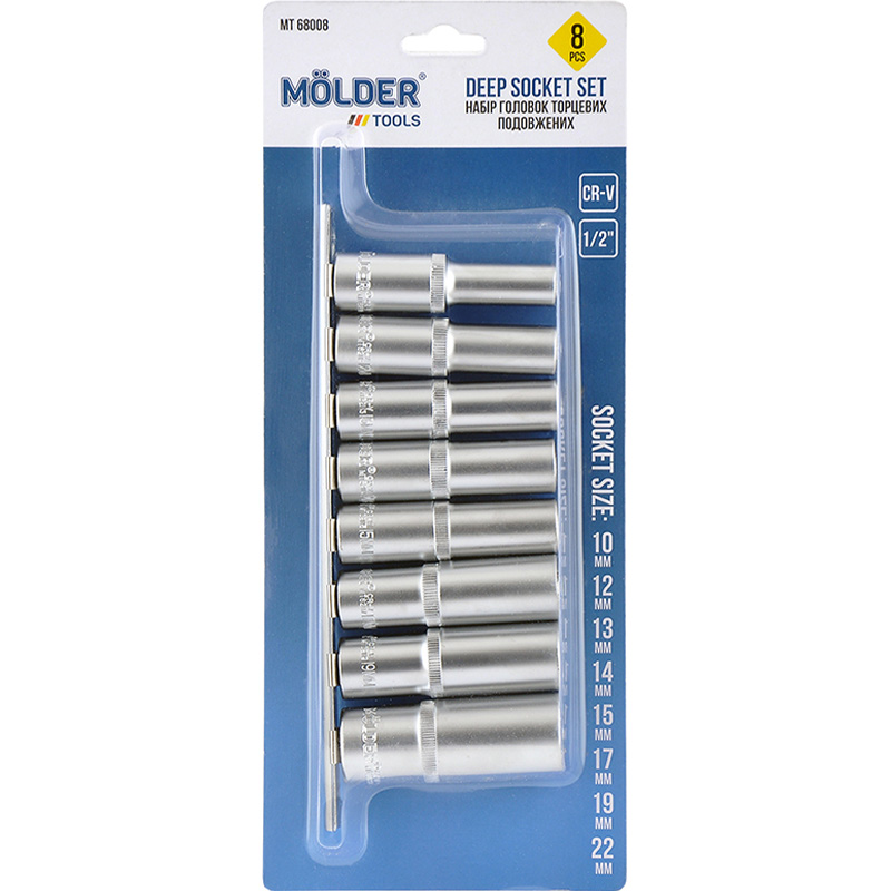 Набір торцевих головок MOLDER подовжені 1/2" 72T CR-V 10-22 мм 8 шт (MT68008)