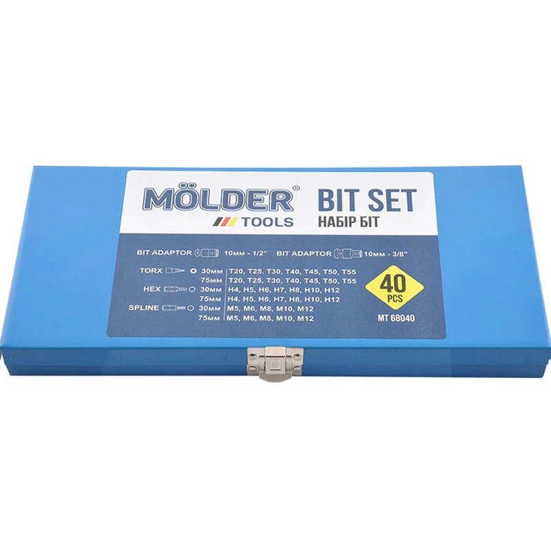 Набір зірок та шестигранників MOLDER CR-V 40 шт (MT68040) Комплектація TORX 30 MM: T20, T25, T30, T40, T45, T50, T55; 75 ММ: T20, T25, T30, T40, T45, T50, T55; HEX: 30 ММ: H4, H5, H6, H7, H8, H10, H12; 75 ММ: H4, H5, H6, H7, H8, H10, H12; Spline: 30 ММ: M5, M6, M8, M10, M12; 75 ММ: M5, M6, M8, M10, M12; адаптер для біт 10 мм