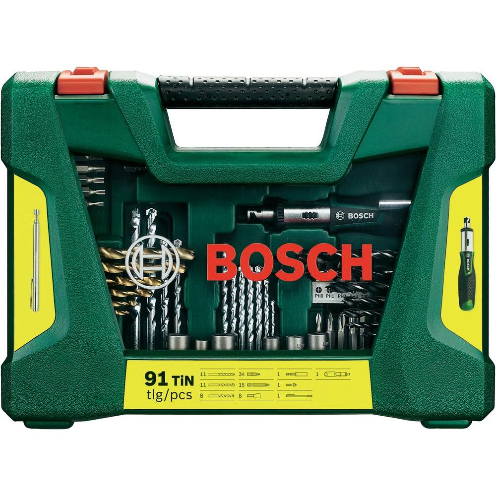 Набір приладдя BOSCH V-line TIN (2607017195) Комплектація біти 25ммм, біти 50 мм, свердла по металу, дереву, каменю, зенкер, тримач, торцеві головки, магнітний щуп, викрутка