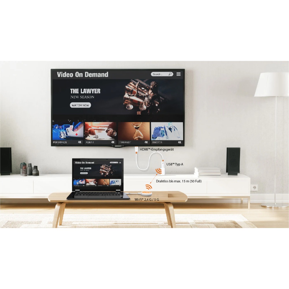 AV-sender J5CREATE JVAW62-N USB Type-C - HDMI White/Orange Описание аксессуара беспроводная передача контента Full HD с мобильного устройства на больший телевизор или дисплей; радиус беспроводного действия до 15 м; поддержка видео 1080p HD; встроенный двухдиапазонный модуль 2.4 ГГц и 5 ГГц