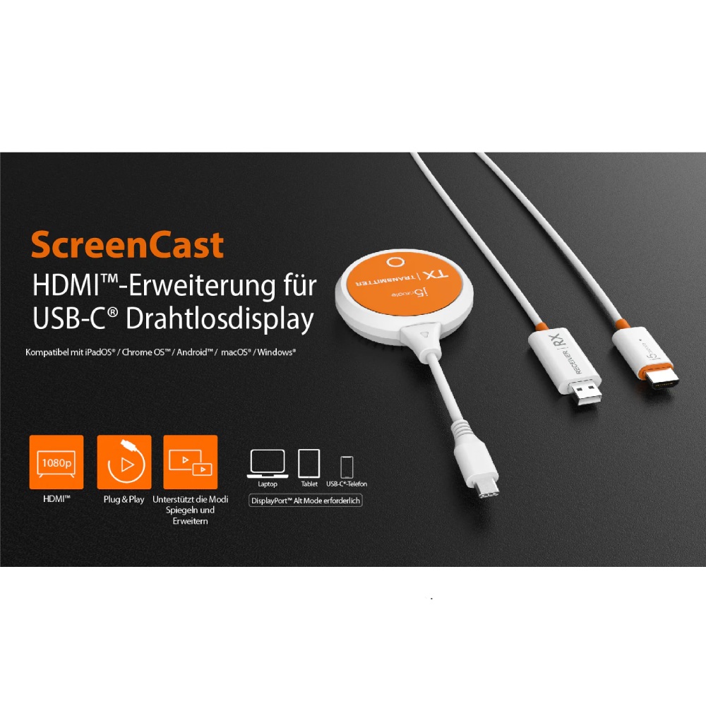 AV-sender J5CREATE JVAW62-N USB Type-C - HDMI White/Orange Держатель антенны False