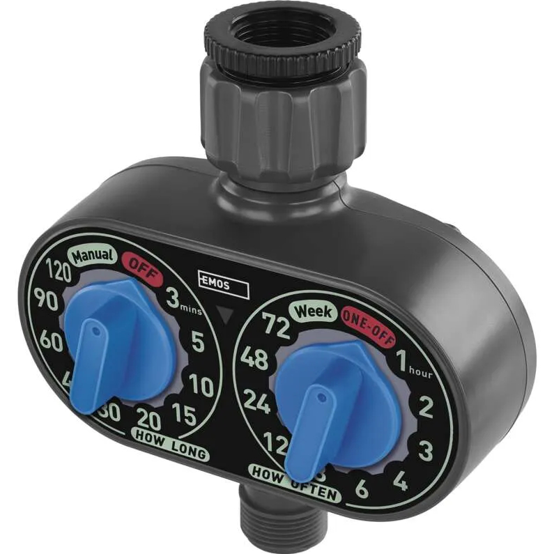 Таймер EMOS для поливу механічний (PW56001) Додатково робочий тиск води 0,5-8 бар; максимальна швидкість потоку 35 л/хв; IP54; джерело живлення: 2x1,5 AA (не входять в комплект); розміри: 140 x 155 x 75 мм