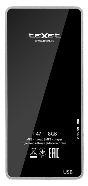 MP3-плеер TEXET T-47 8GB Black Объём памяти 8 Гб