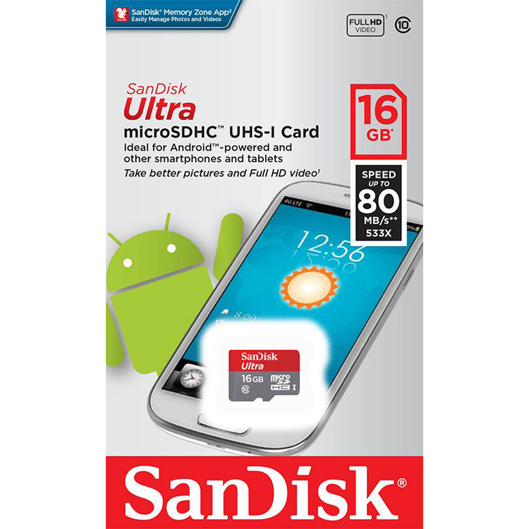 Карта памяти SANDISK Ultra microSDHC 16GB (SDSQUNC-016G-GN3MN)