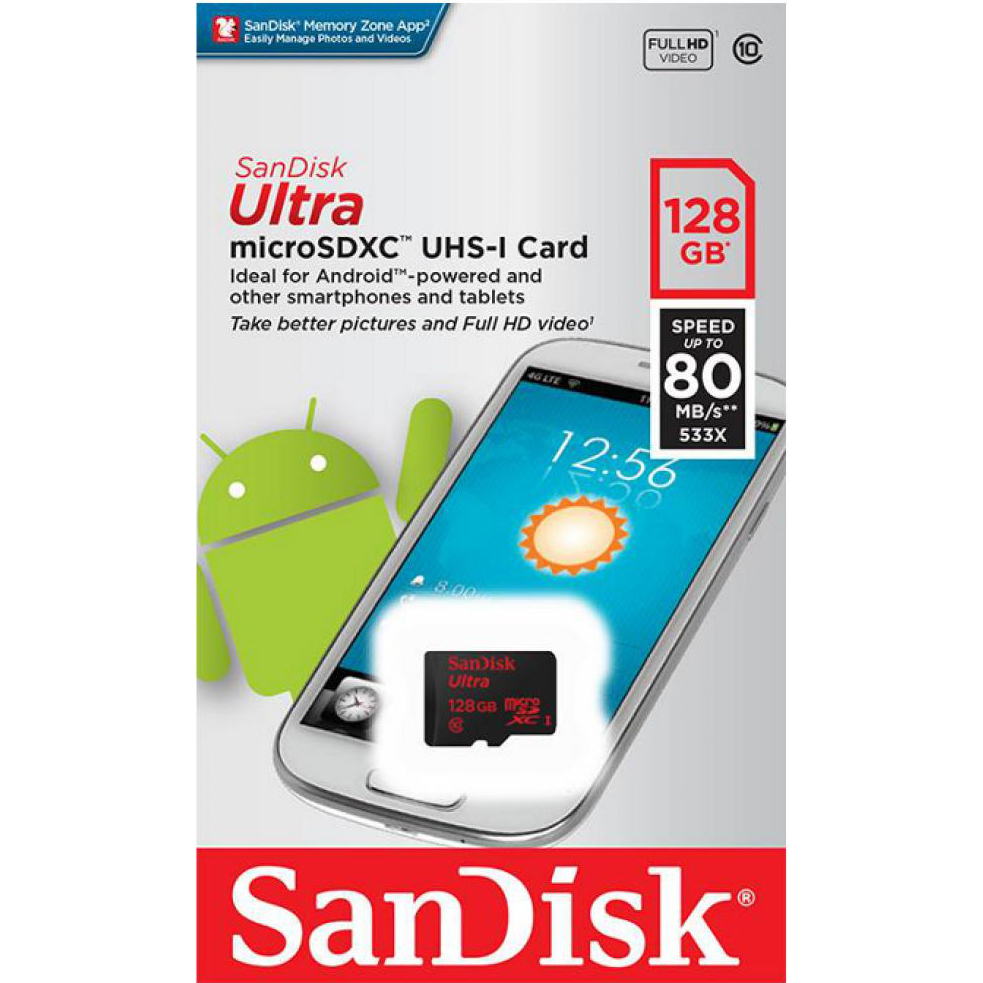 Карта пам'яті SANDISK 128GB microSDXC C10 UHS-I R80MB/s Ultra (SDSQUNC-128G-GN3MN) Тип карти micro-SDXC