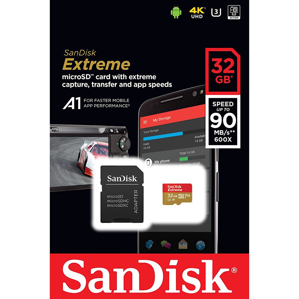 Карта пам'яті SANDISK microSDHC 32GB Extreme A1 C10 V30 UHS-I U3 (SDSQXAF-032G-GN6MA) Об'єм пам'яті 32 Гб