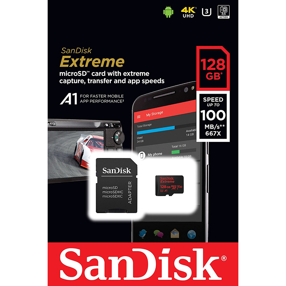 Карта пам'яті SANDISK microSDXC 128GB Extreme A1 C10 V30 UHS-I U3 (SDSQXAF-128G-GN6MA) Об'єм пам'яті 128 Гб