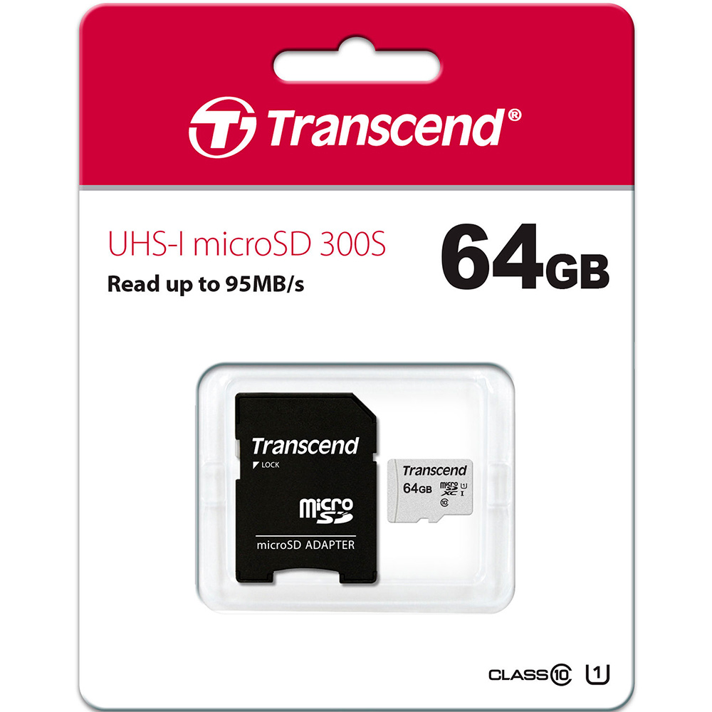 Карта пам'яті TRANSCEND microSDXC 64GB 300S UHS-I (U1) (TS64GUSD300S-A) Об'єм пам'яті 64 Гб