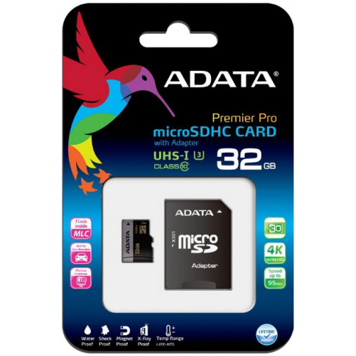 Карта пам'яті ADATA microSDHC 32GB C10 UHS-I U3 (AUSDH32GUI3CL10-RA1) Об'єм пам'яті 32 Гб