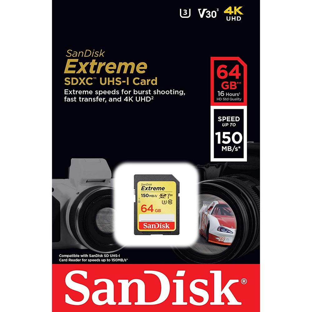 Карта памяти SANDISK SDXC 64GB Extreme C10 V30 UHS-I U3 150MB/s (SDSDXV6-064G-GNCIN) Тип карты SDXC