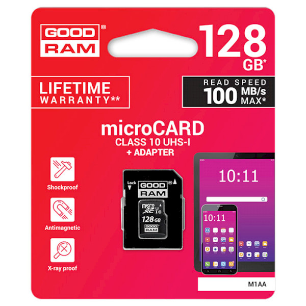 Карта пам'яті GOODRAM microSDXC 128GB Class 10 UHS I+ adapter (M1AA-1280R12) Тип карти micro-SDXC