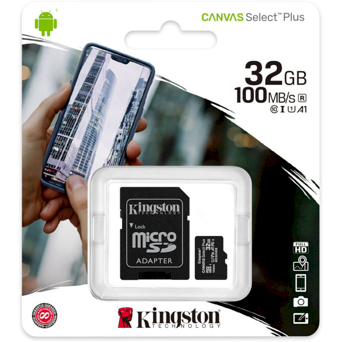 Карта пам'яті KINGSTON microSDHC 32Gb Canvas Select+ A1 UHS-I (U1) (SDCS2/32GB) Об'єм пам'яті 32 Гб