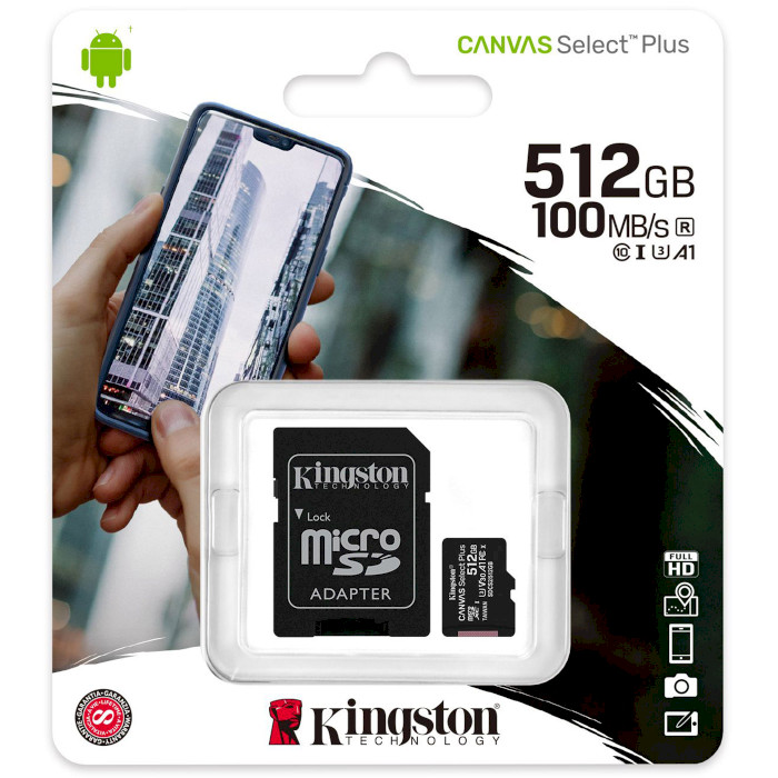 Карта пам'яті KINGSTON microSDXC 512Gb Canvas Select + Class 10 UHS-I U3 V30 A1 + SD-adapter (SDCS2/512GB) Тип карти micro-SDXC